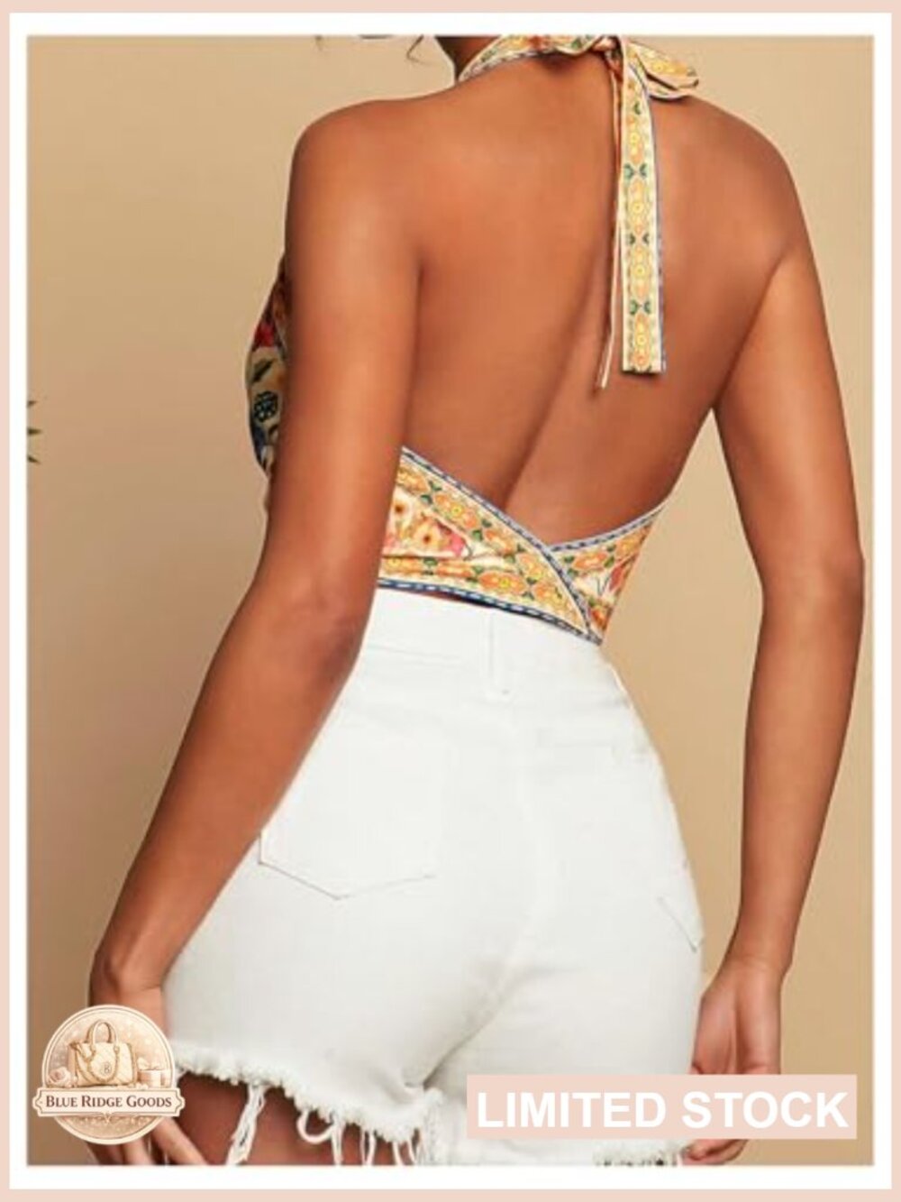 Sleeveless Halter Crop Top with Tie Front Backless Beach Vacation Top - Picture 3 of 5